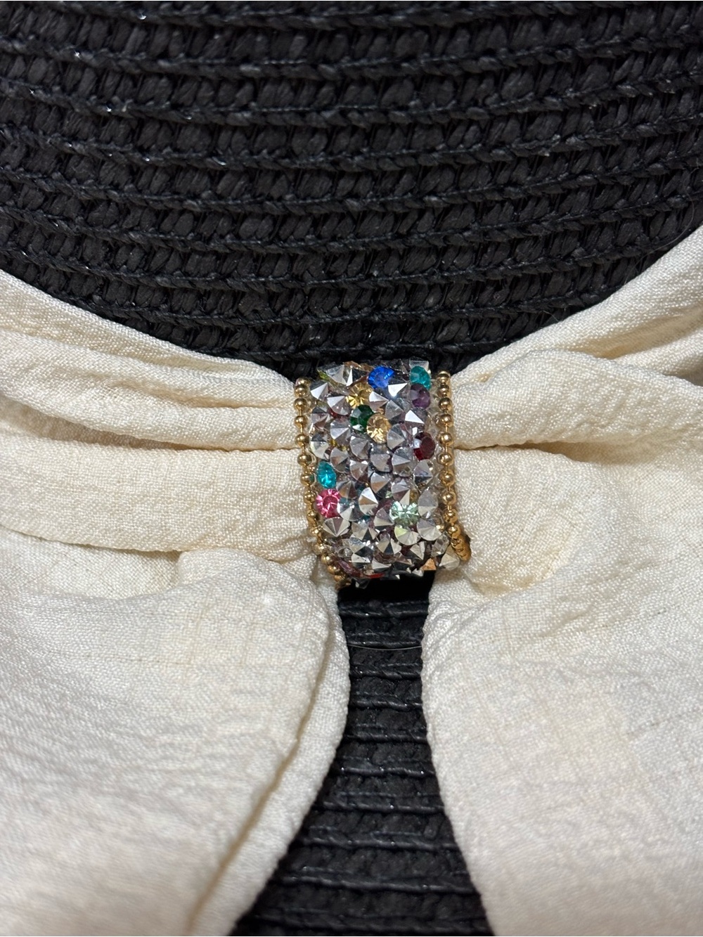 Women’s black raffia straw hat with a cream ribbon,embellished bow detail. NWOT - Picture 5 of 10